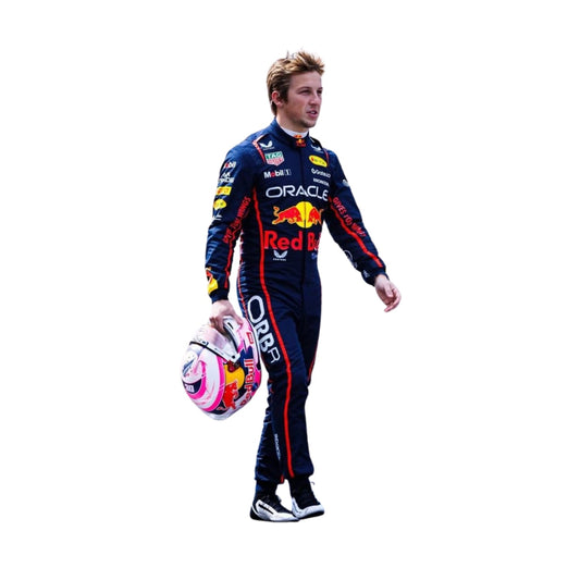 Side profile of Liam Lawson 2025 F1 racing suit showcasing its sleek fit, durable material, and vibrant Red Bull color accents.

