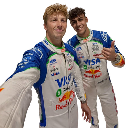 Liam Lawson and Arvid Lindblad both taking selfie in racing driver costumes