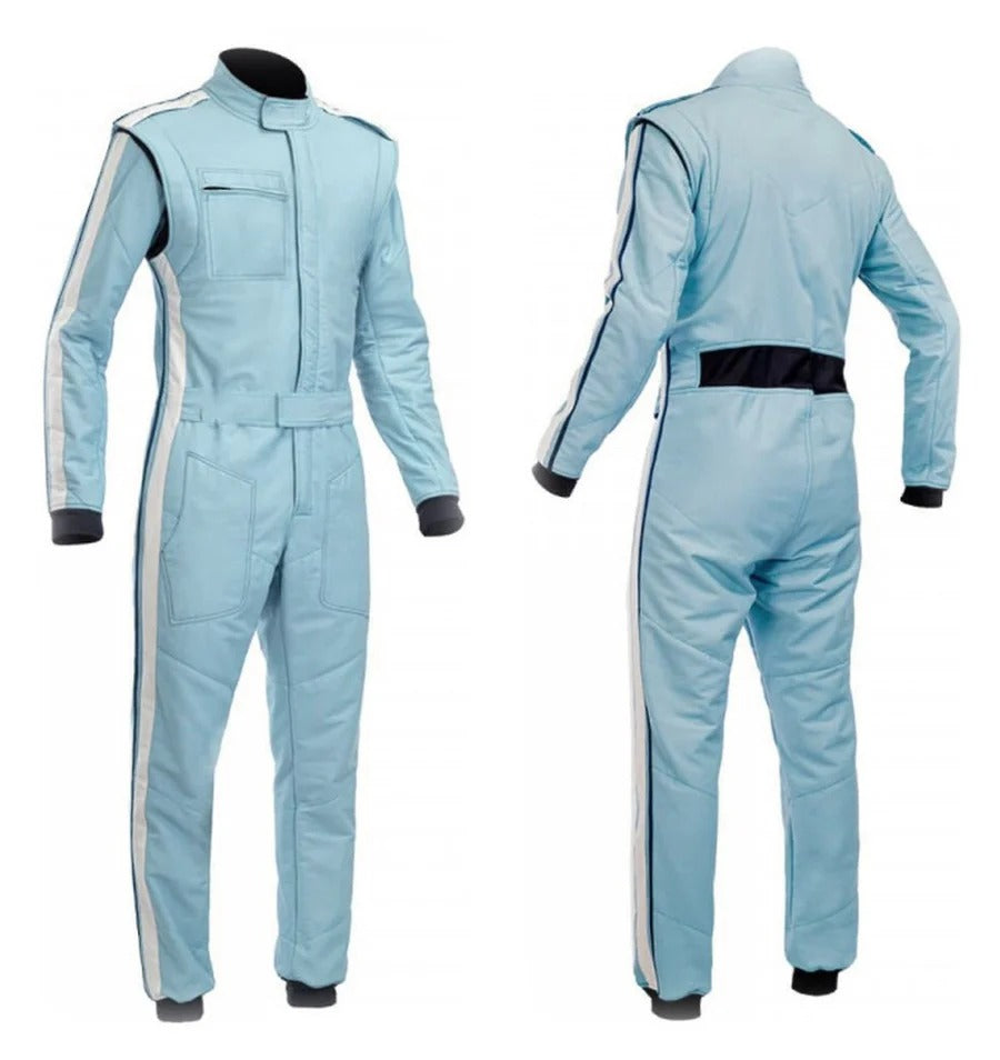 A light blue go-kart driver racing attire, front and back view, with a full zip, elasticated cuffs, and a flag, name, and number on the suit.