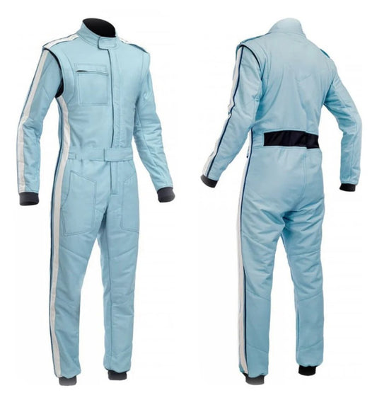 A light blue go-kart driver racing attire, front and back view, with a full zip, elasticated cuffs, and a flag, name, and number on the suit.