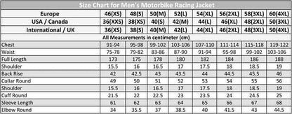 Size chart for men's motorbike racing jackets with measurements in centimeters and inches.