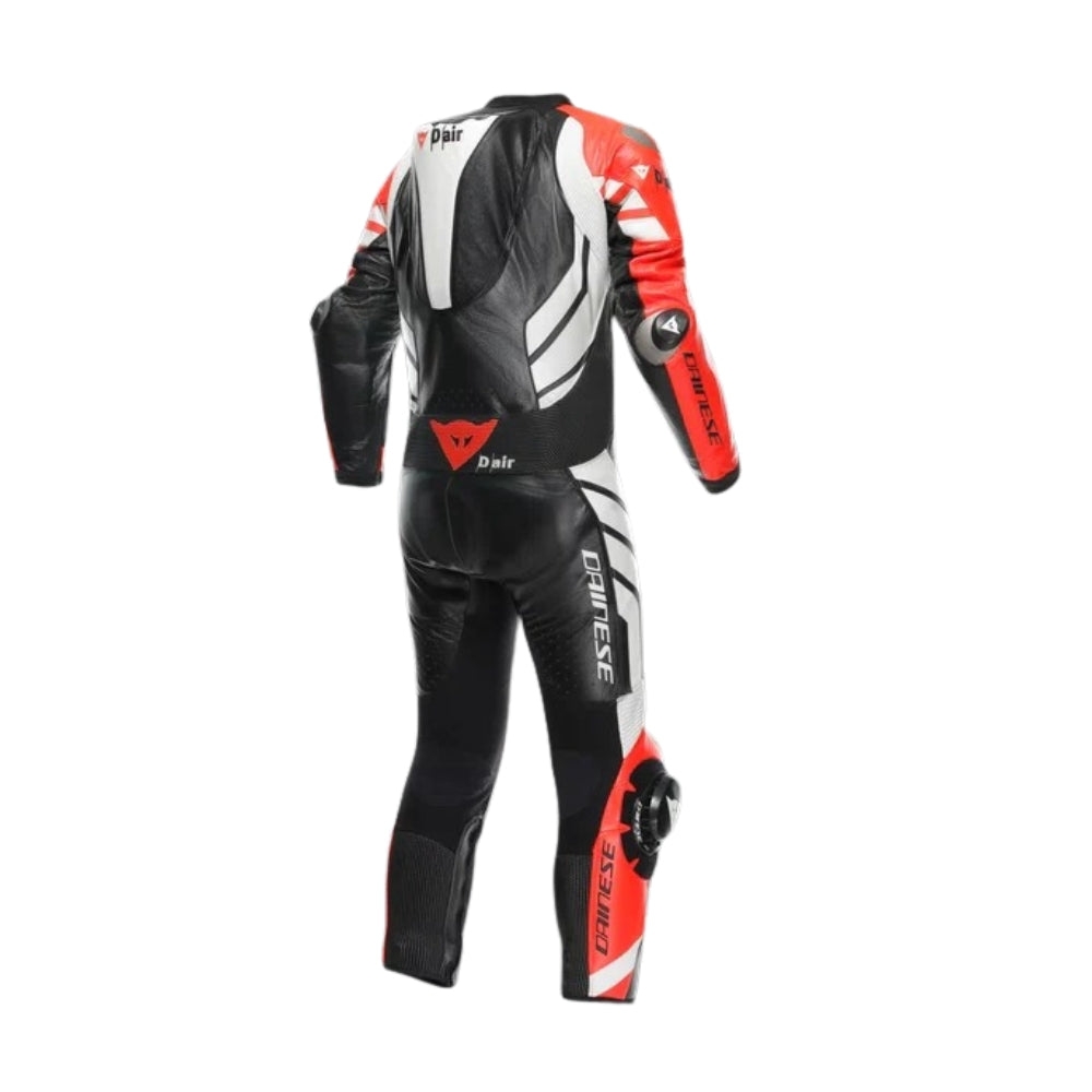 Mugello 3 Perforated One-Piece Motorcycle Leather Racing Suit Black, Fluo Red, and White