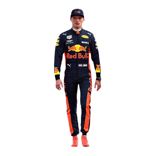 Full-body view of Max Verstappen’s 2017 racing suit, highlighting sponsor logos and the ergonomic fit for top-level racing performance.