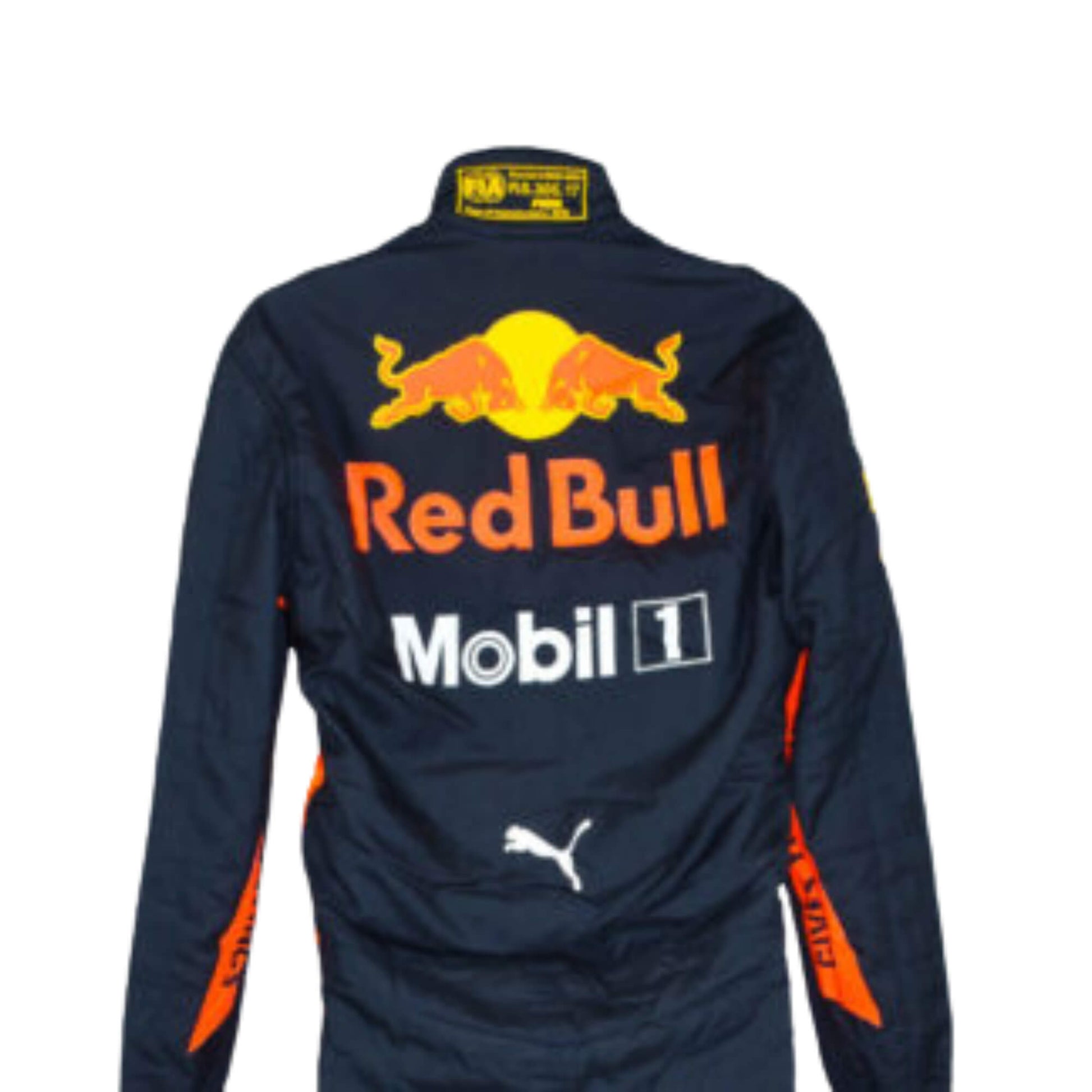 Close up back view of Max Verstappen 2019 F1 racing suit – bold and dynamic design with race-inspired elements, highly admired by motorsport fans.