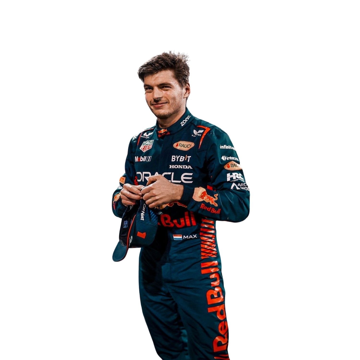 Detailed shot of Verstappen’s suit texture showing high-performance fabric with fine stitching and vivid yellow logo accents on navy.