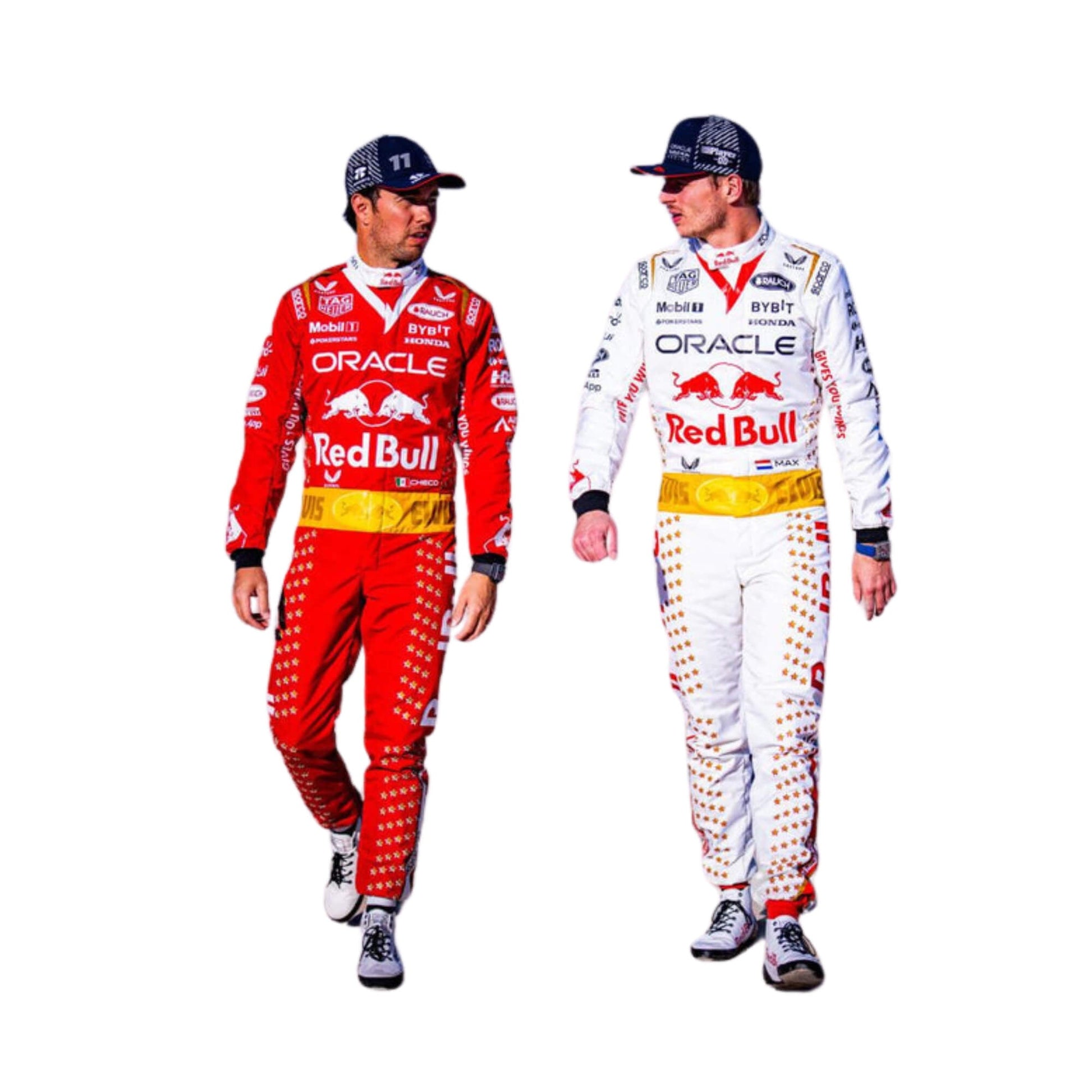 Max Verstappen in the 2023 Las Vegas GP racing suit featuring a crisp white base with gold star embellishments, red accents, and a signature Elvis-style belt.