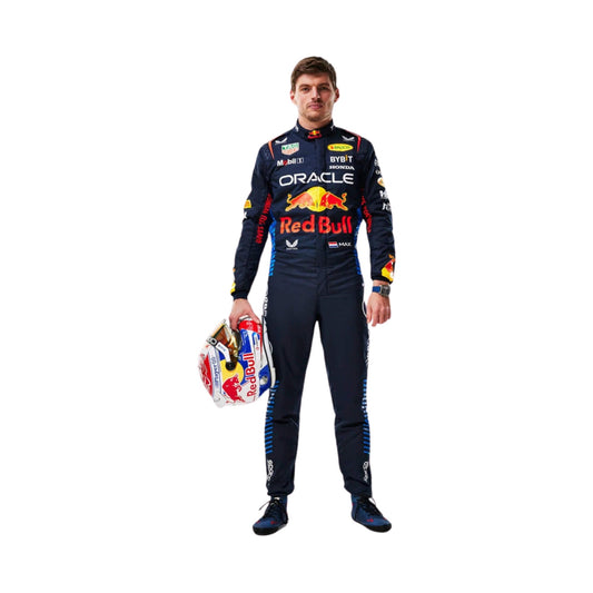Max Verstappen in the 2024 F1 racing suit, holding a helmet and standing in front of a white background. The suit's navy blue base is complemented by red and yellow highlights, reflecting a sleek and contemporary design.