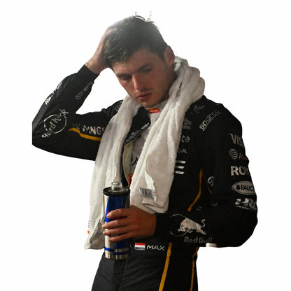 Max Verstappen in Las Vegas GP F1 Redbull racing suit holding a towel and drink, with visible sponsor logos