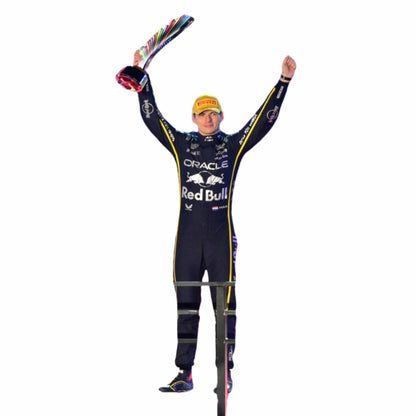Max Verstappen in a Las Vegas GP F1 Redbull racing suit with raised arms on a white background