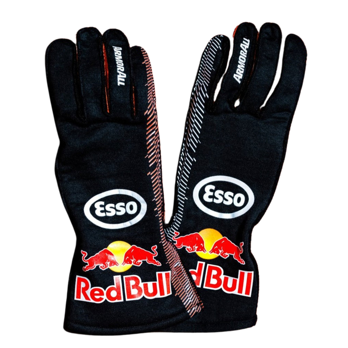 Pair of Max Verstappen & Isack Hadjar 2026 Dutch GP racing gloves with sponsor logos on a white background