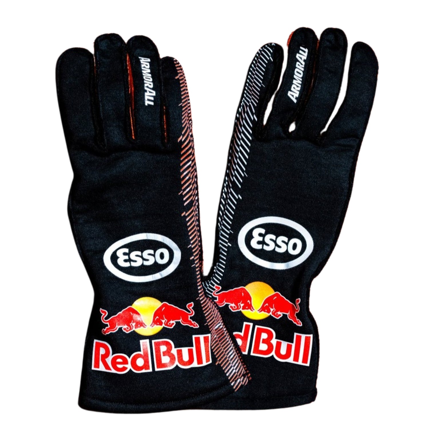 Pair of Max Verstappen & Isack Hadjar 2026 Dutch GP racing gloves with sponsor logos on a white background