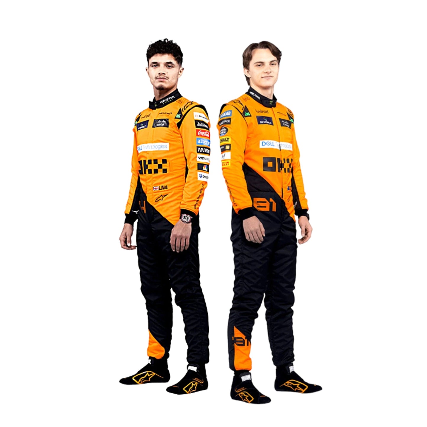 2024 McLaren F1 Racing Suit Front View, Orange and Black Design with McLaren and Sponsor Logos, Worn by Lando Norris & Oscar Piastri