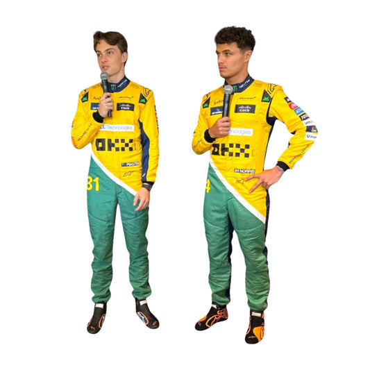 2024 McLaren Monaco GP F1 Racing Suit Front View, Featuring McLaren and Sponsor Logos in Yellow and Black Design, Worn by Oscar Piastri & Lando Norris