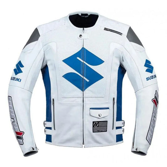 Men’s White Suzuki Motorbike Leather Racing Jacket