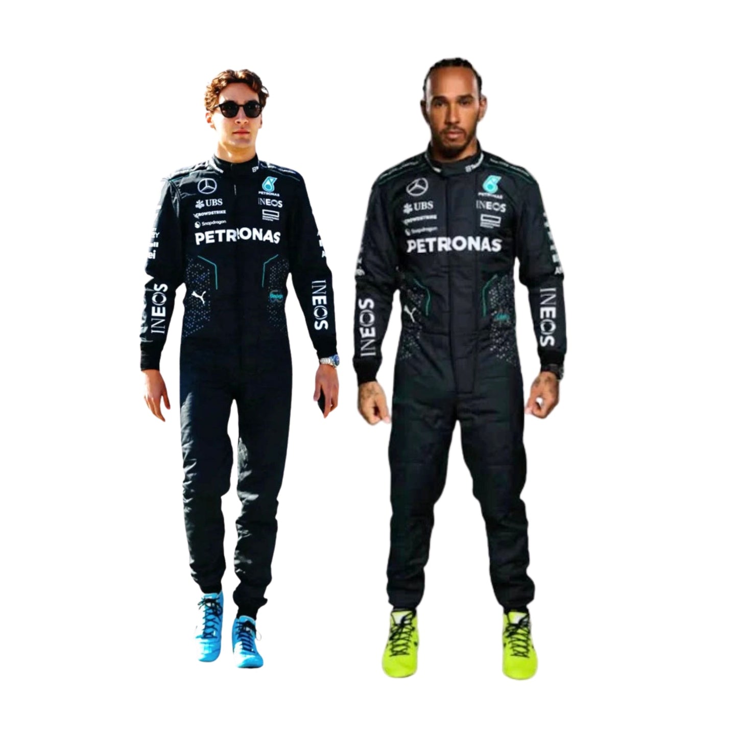 2024 Mercedes AMG F1 Racing Suit Front View, Silver and Black Design with Mercedes, Petronas, and Sponsor Logos, Worn by George Russell & Lewis Hamilton