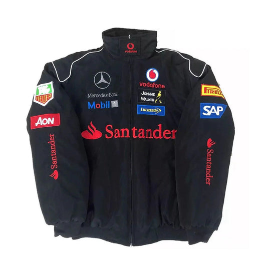 Front view of a vintage Mercedes AMG racing jacket featuring bold AMG and Mercedes-Benz branding, along with various sponsor logos. This jacket is crafted from high-quality, durable fabric with a sleek finish, combining comfort with a classic motorsport-inspired look.