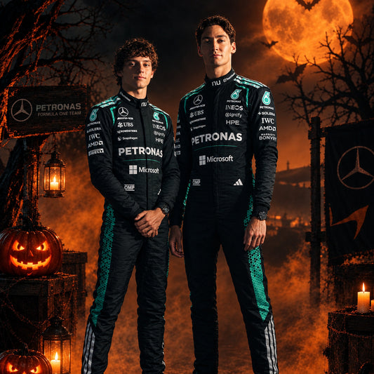 Two drivers in black and teal Mercedes Petronas F1 racing suits standing in a spooky Halloween scene with carved pumpkins, candles, lanterns and a glowing orange moon