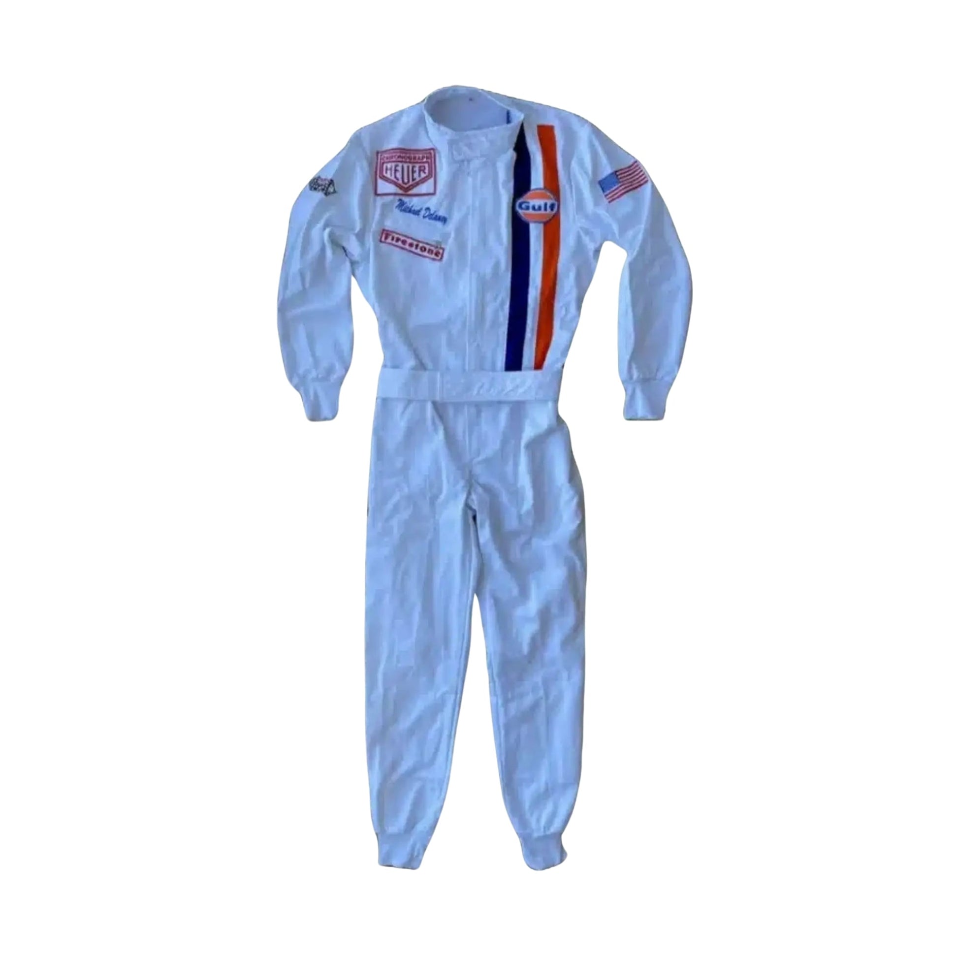 1971 Michael Delaney Steve McQueen Le Mans Replica Race Suit Front View, White Suit with Blue and Red Accents, Embroidered Patches