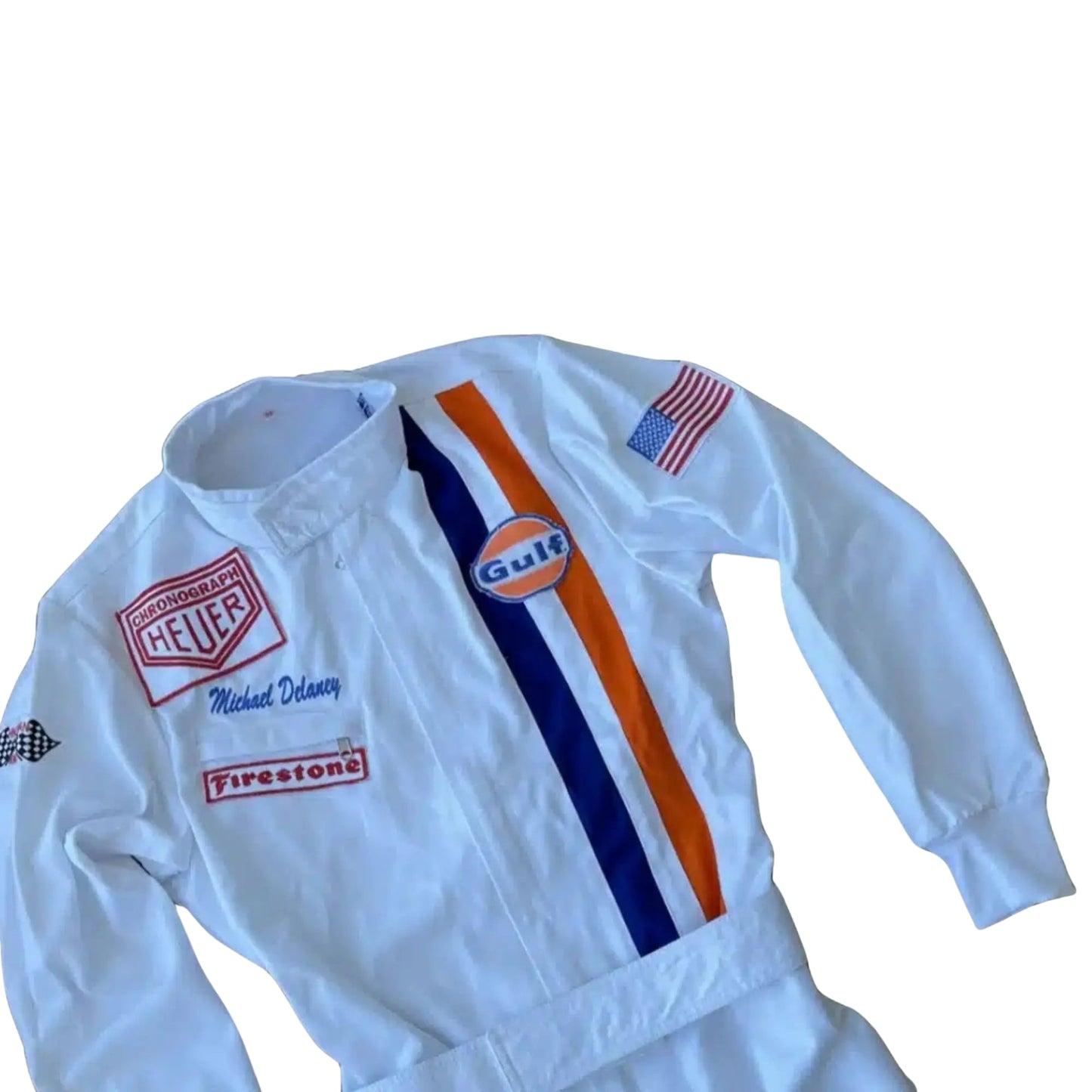 1971 Michael Delaney Steve McQueen Le Mans Replica Race Suit Half Front, Embroidered Patches, Blue Accents on Chest