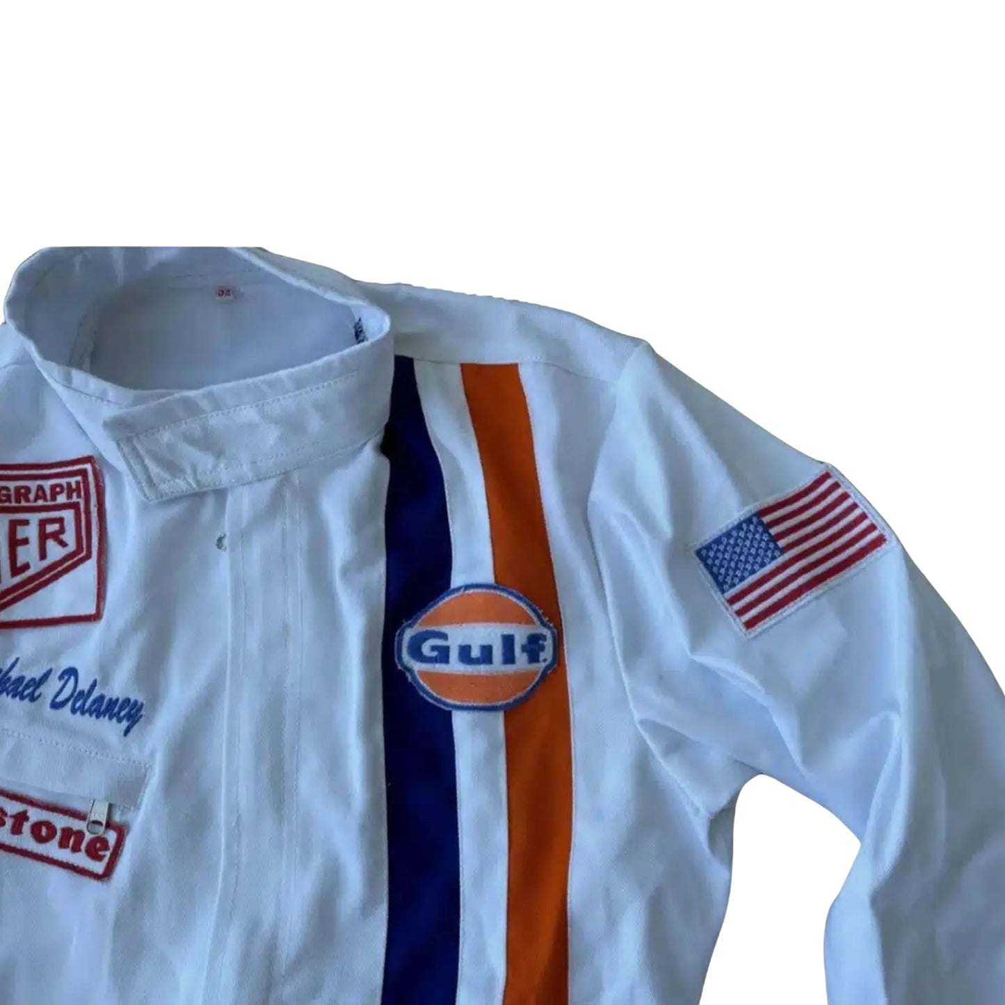 1971 Michael Delaney Steve McQueen Le Mans Replica Race Suit Right Shoulder View, Embroidered Logos, Vintage Design Elements