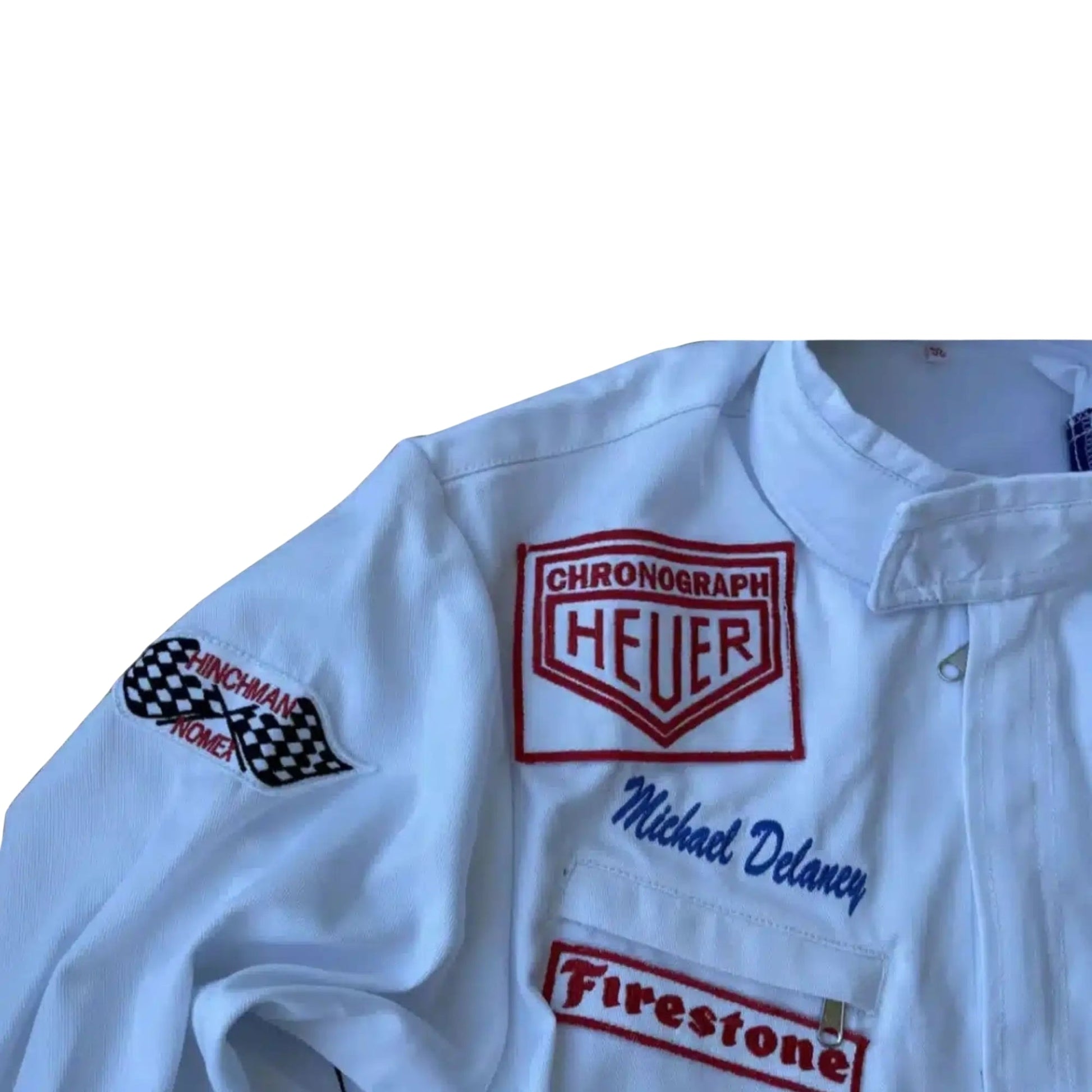 1971 Michael Delaney Steve McQueen Le Mans Replica Race Suit Left Shoulder View, Embroidered Patch Detail, Classic White and Blue Design