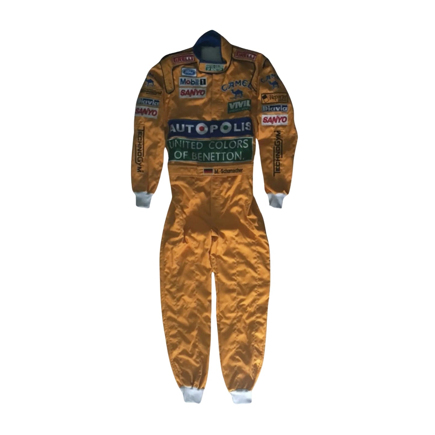 1992 Michael Schumacher Benetton F1 Replica Race Suit Front View, Green and White Design, Embroidered Patches and Logos