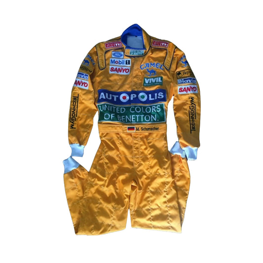 1992 Michael Schumacher Benetton F1 Replica Race Suit Front View, Green and White Design, Embroidered Patches and Logos