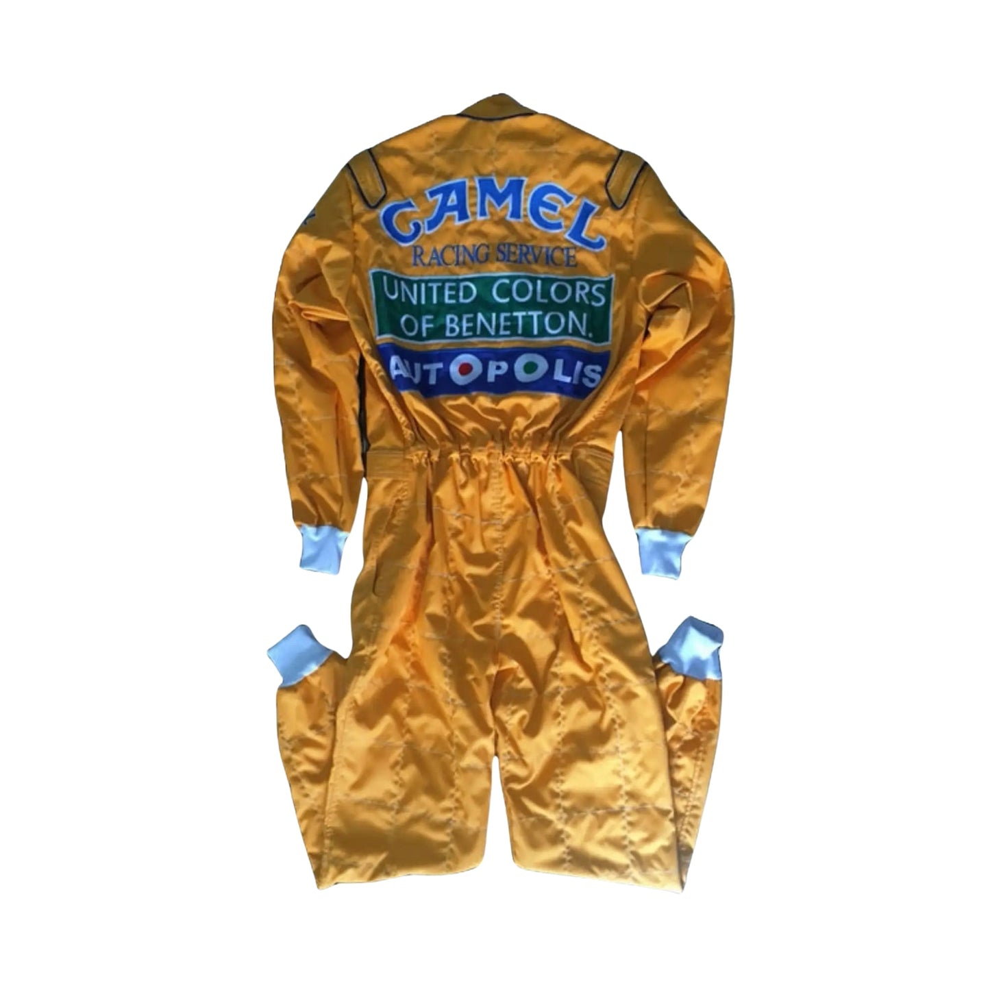 1992 Michael Schumacher Benetton F1 Replica Race Suit Back View, Embroidered Sponsor Logos, Classic Design, Adjustable Fit