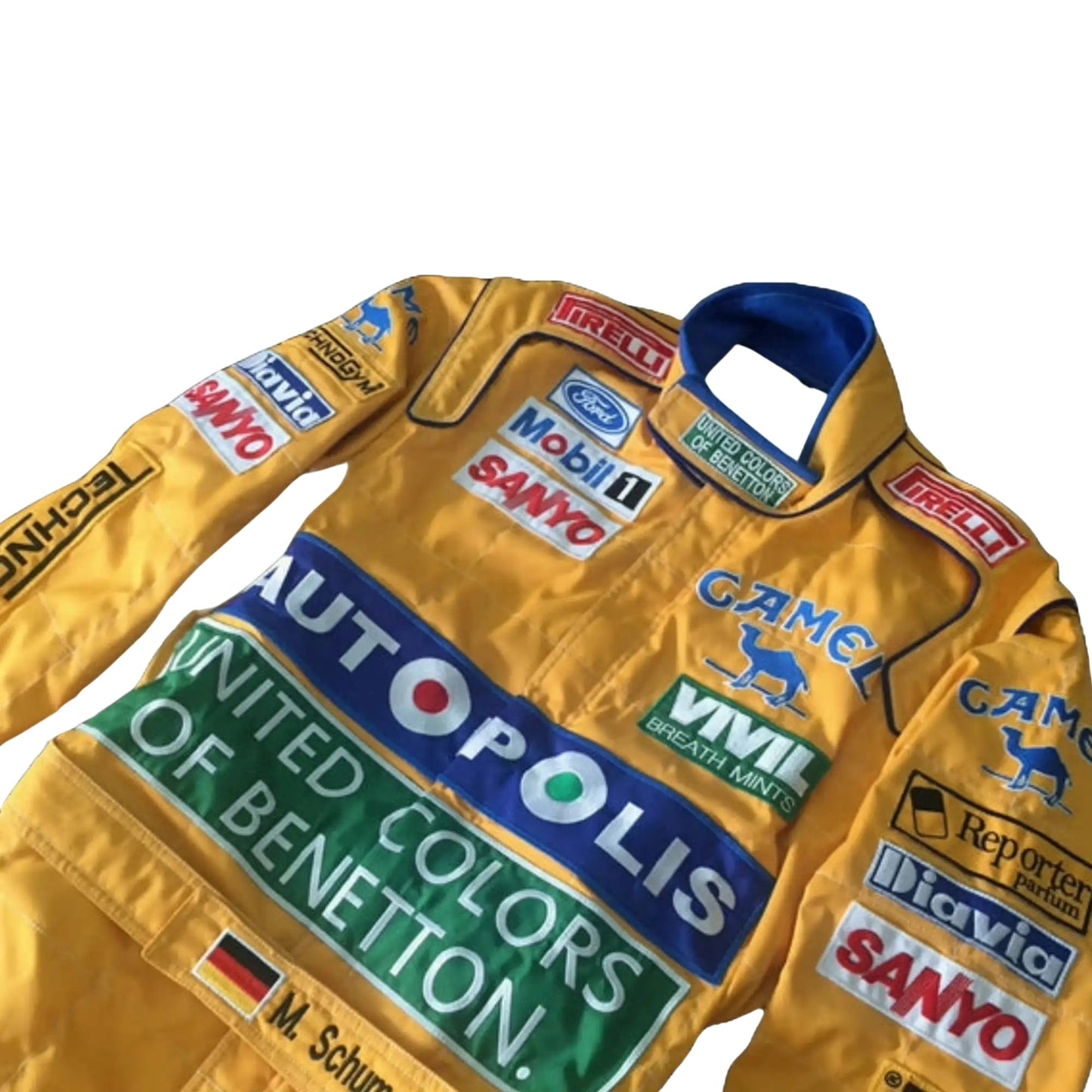 1992 Michael Schumacher Benetton F1 Replica Race Suit Half Front, Detailed Embroidery, Benetton Logo on Chest