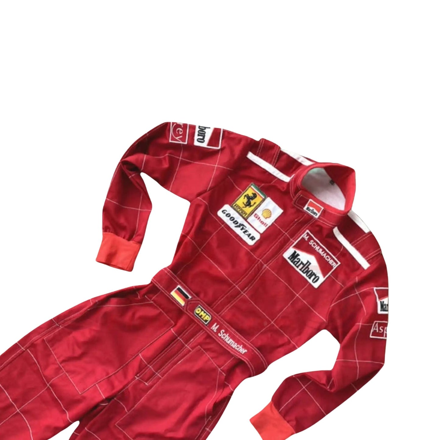 1996 Michael Schumacher F1 Replica Race Suit Front View, Red Suit with White and Yellow Accents, Embroidered Sponsor Logos