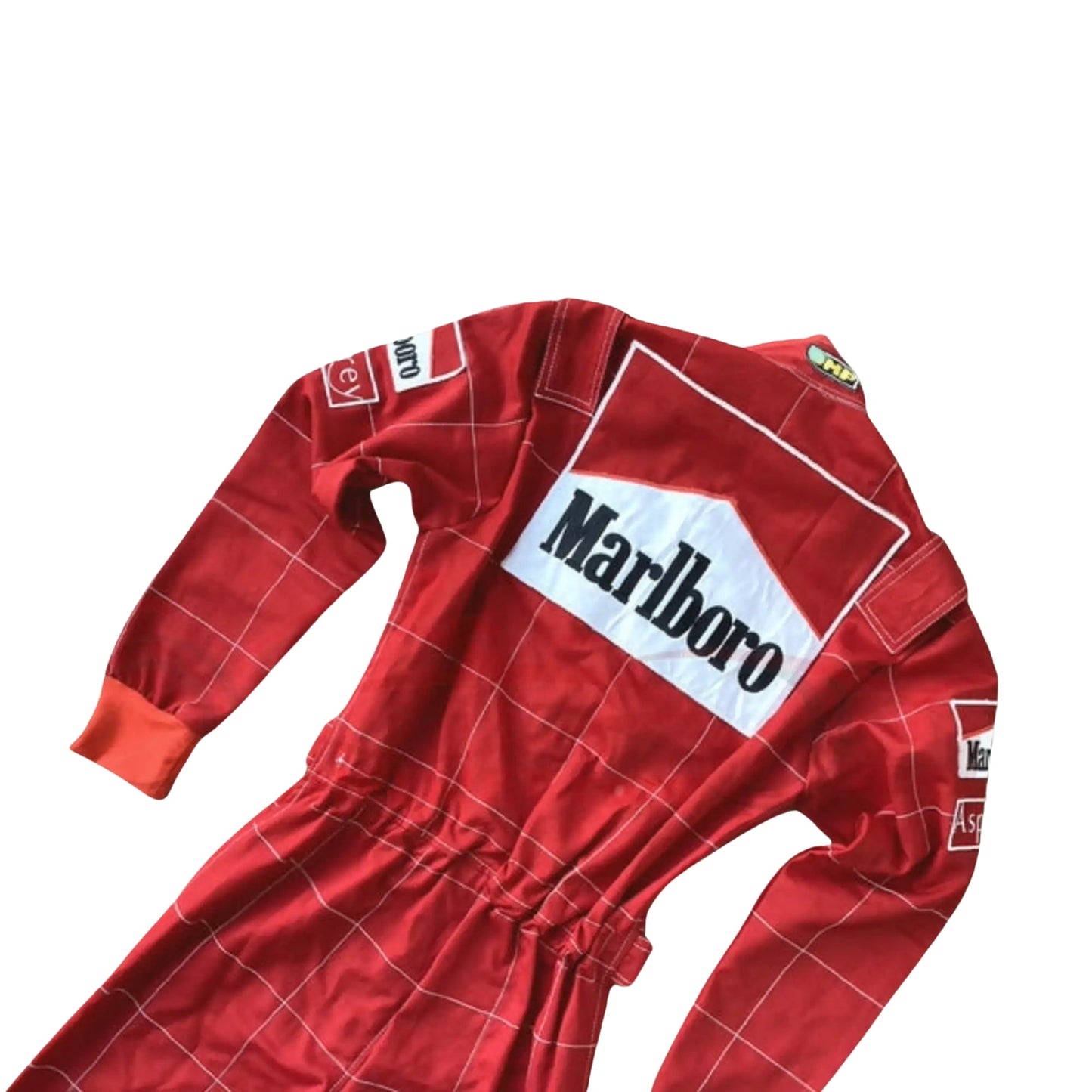 1996 Michael Schumacher F1 Replica Race Suit Back View, Full Red Design, Embroidered Logos and Sponsor Patches