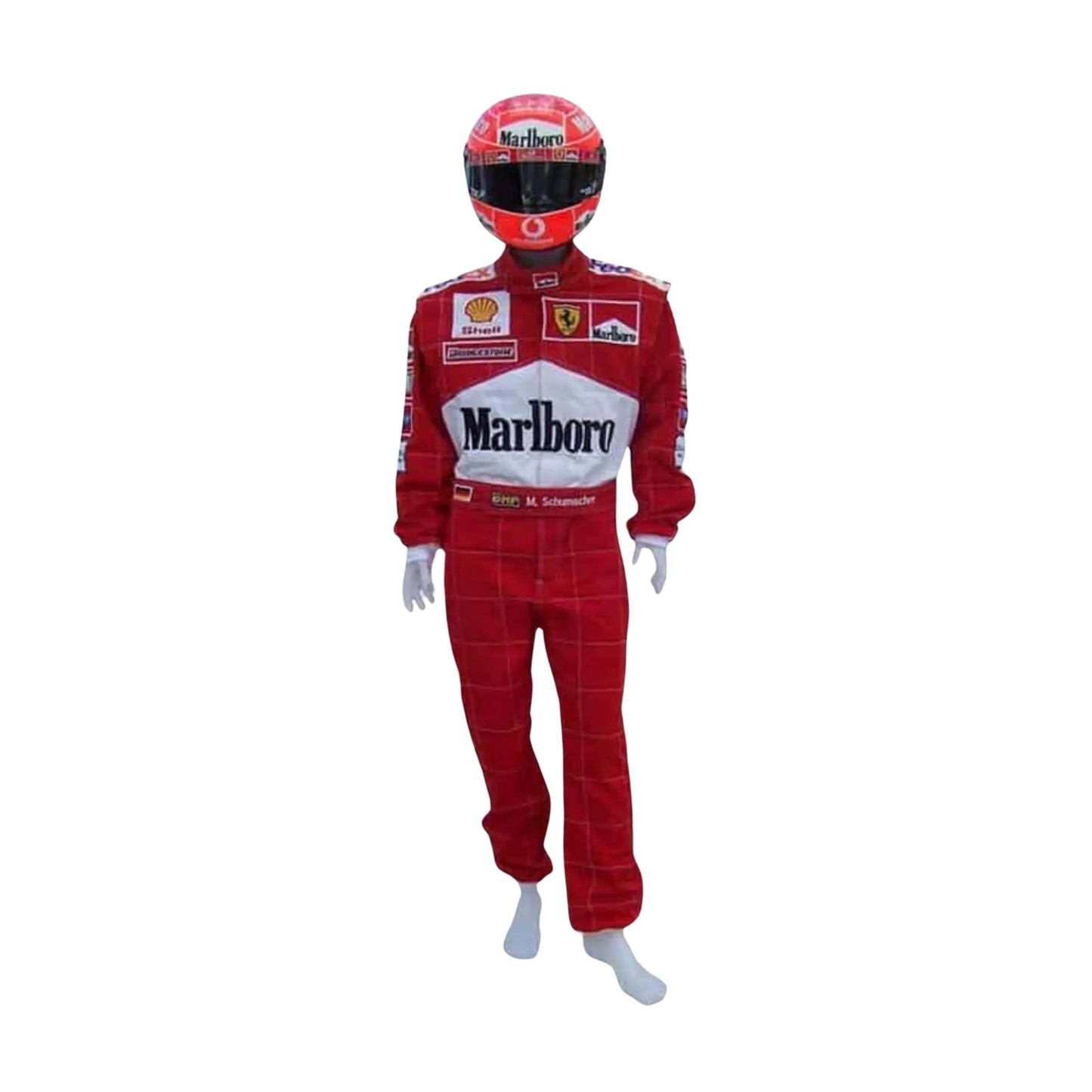 2001 Michael Schumacher Ferrari F1 Replica Race Suit Front View, Red Suit with Black and White Accents, Embroidered Sponsor Logos