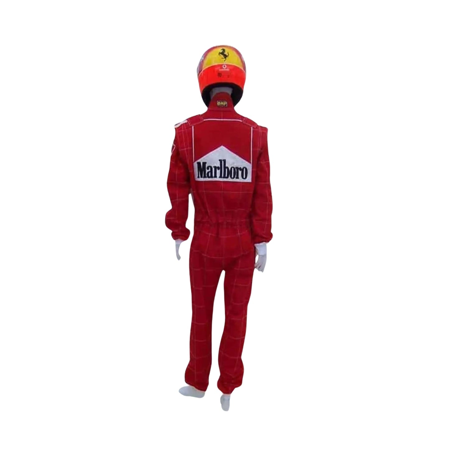 2001 Michael Schumacher Ferrari F1 Replica Race Suit Back View, Full Red Design, Embroidered Logos and Sponsor Patches