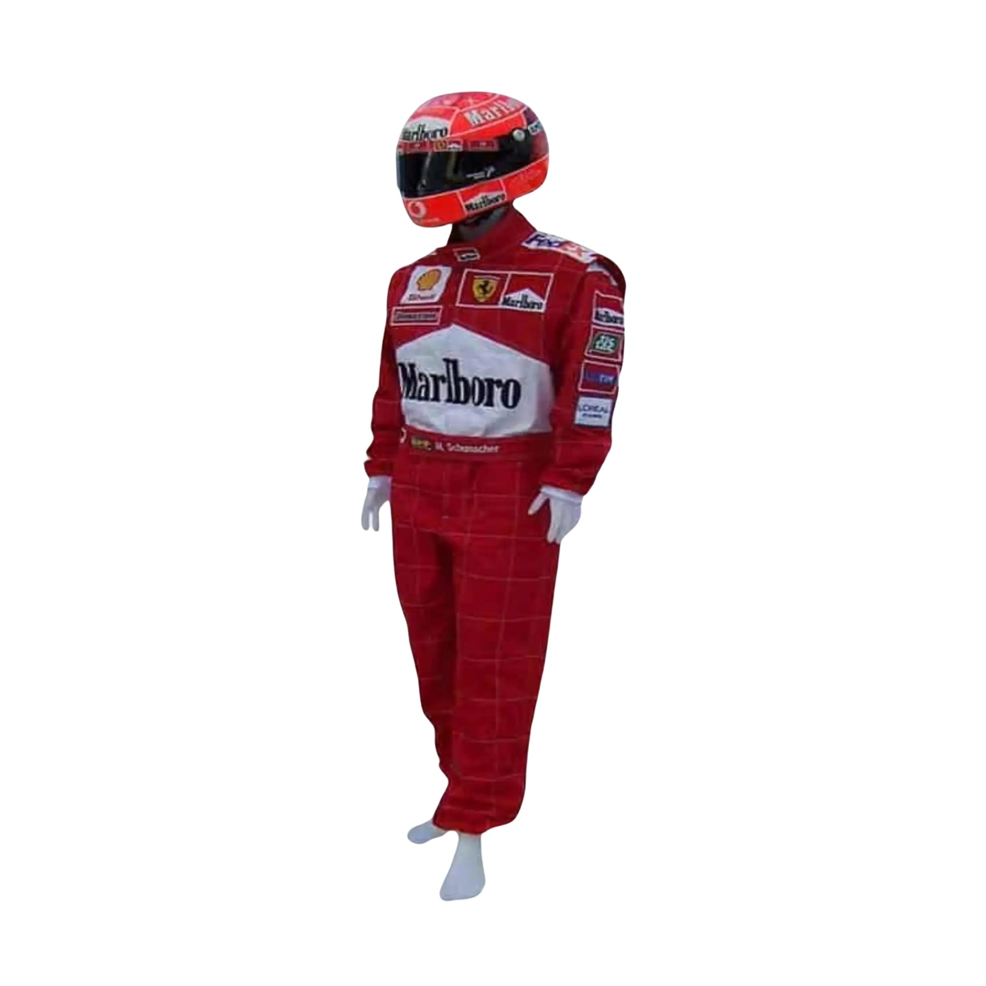 2001 Michael Schumacher Ferrari F1 Replica Race Suit Front View, Red Suit with Black and White Accents, Embroidered Sponsor Logos"