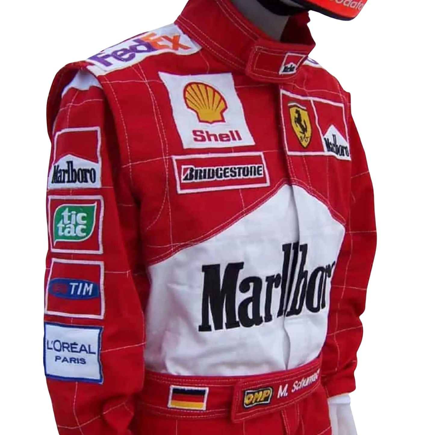 2001 Michael Schumacher Ferrari F1 Replica Race Suit Left Side View, Red and Black Accents, Embroidered Patch Details