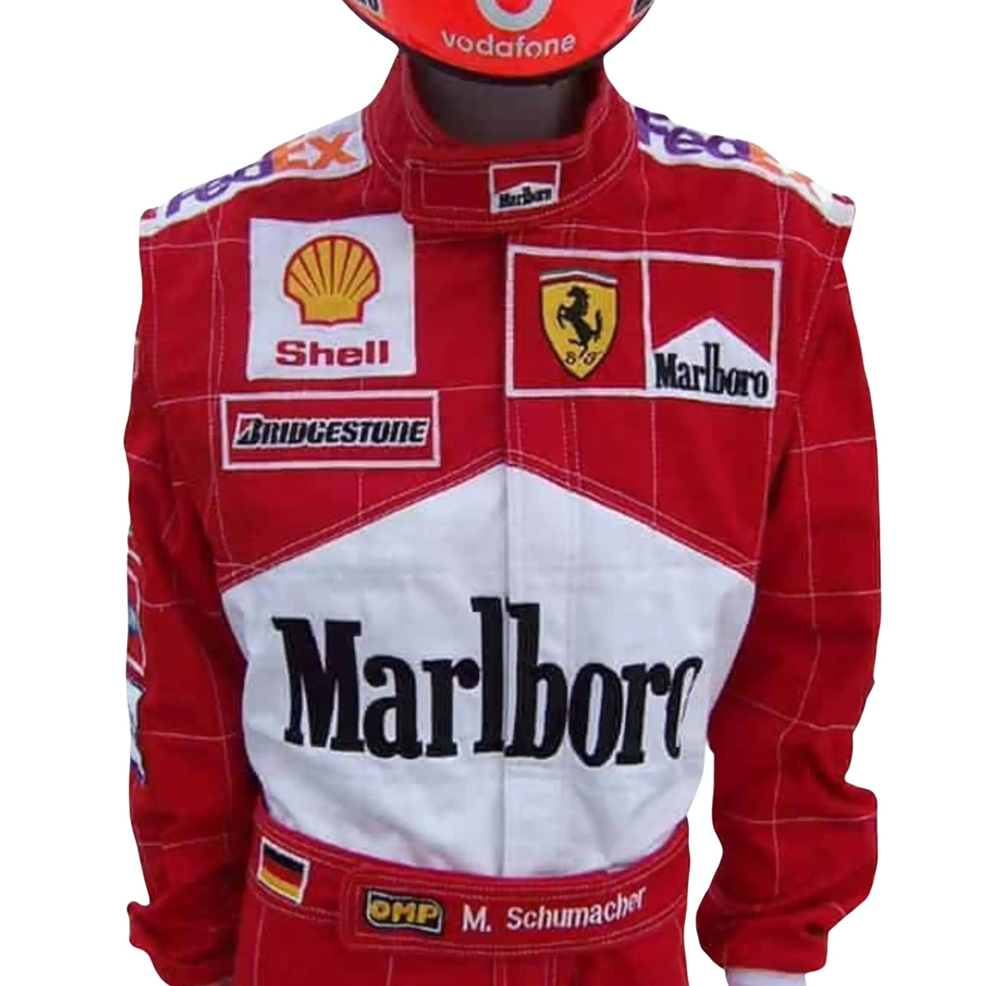 2001 Michael Schumacher Ferrari F1 Replica Race Suit Half Front, Embroidered Details, Ferrari Logo on Chest