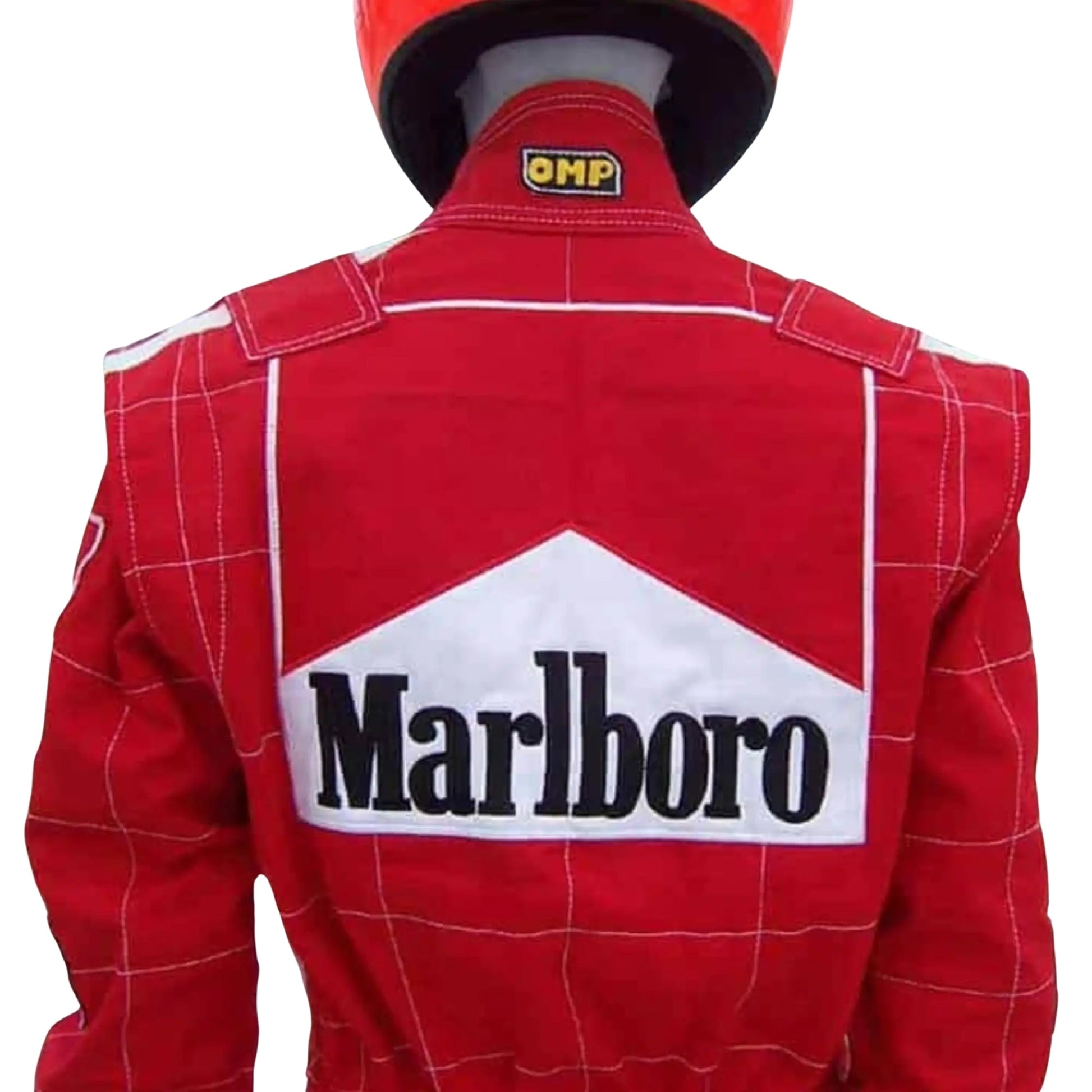 2001 Michael Schumacher Ferrari F1 Replica Race Suit Half Back View, Embroidered Logos, Classic Red Design with Black and White Accents