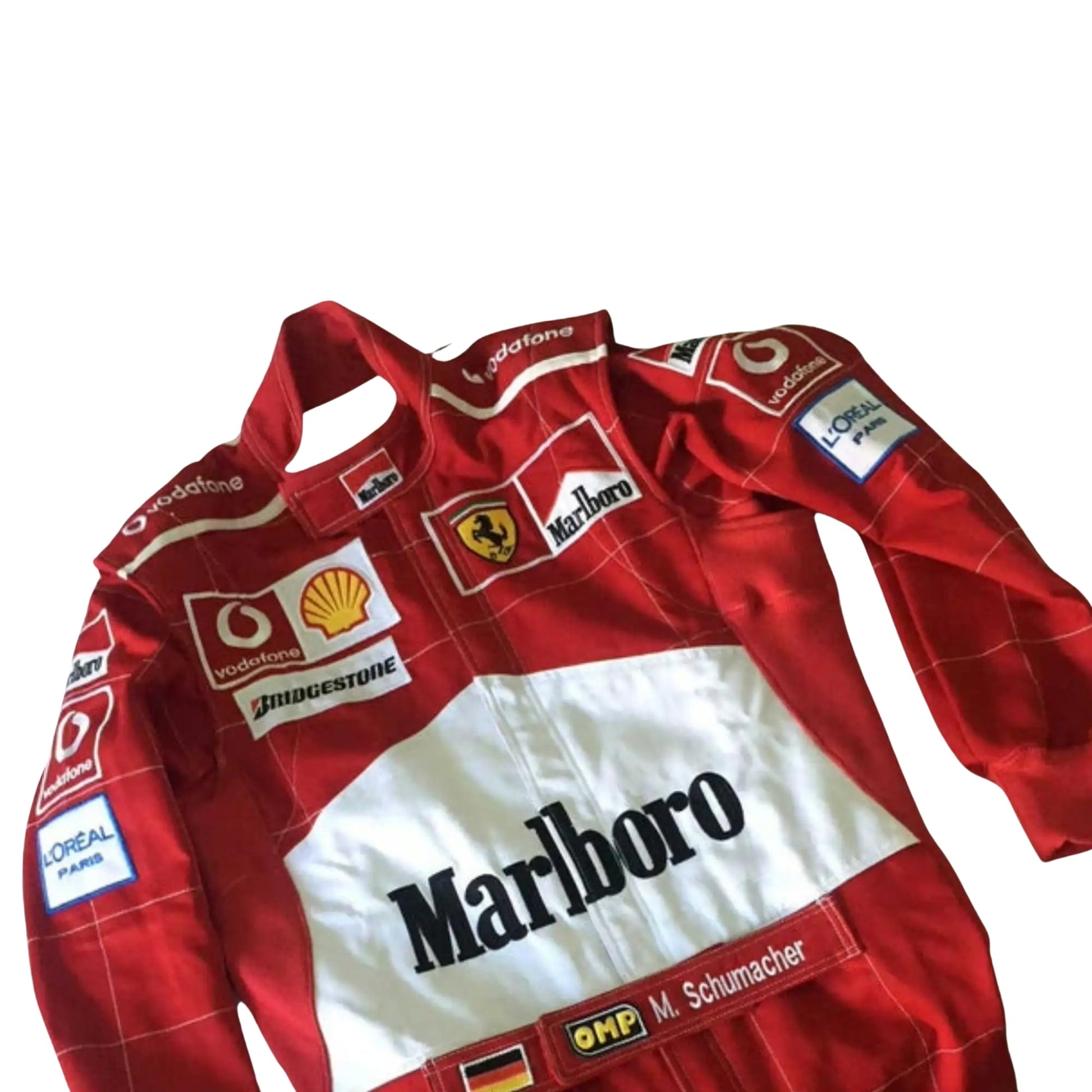 2004 Michael Schumacher Ferrari F1 Replica Race Suit Half Front, Detailed Embroidery, Ferrari Logo Prominently Displayed