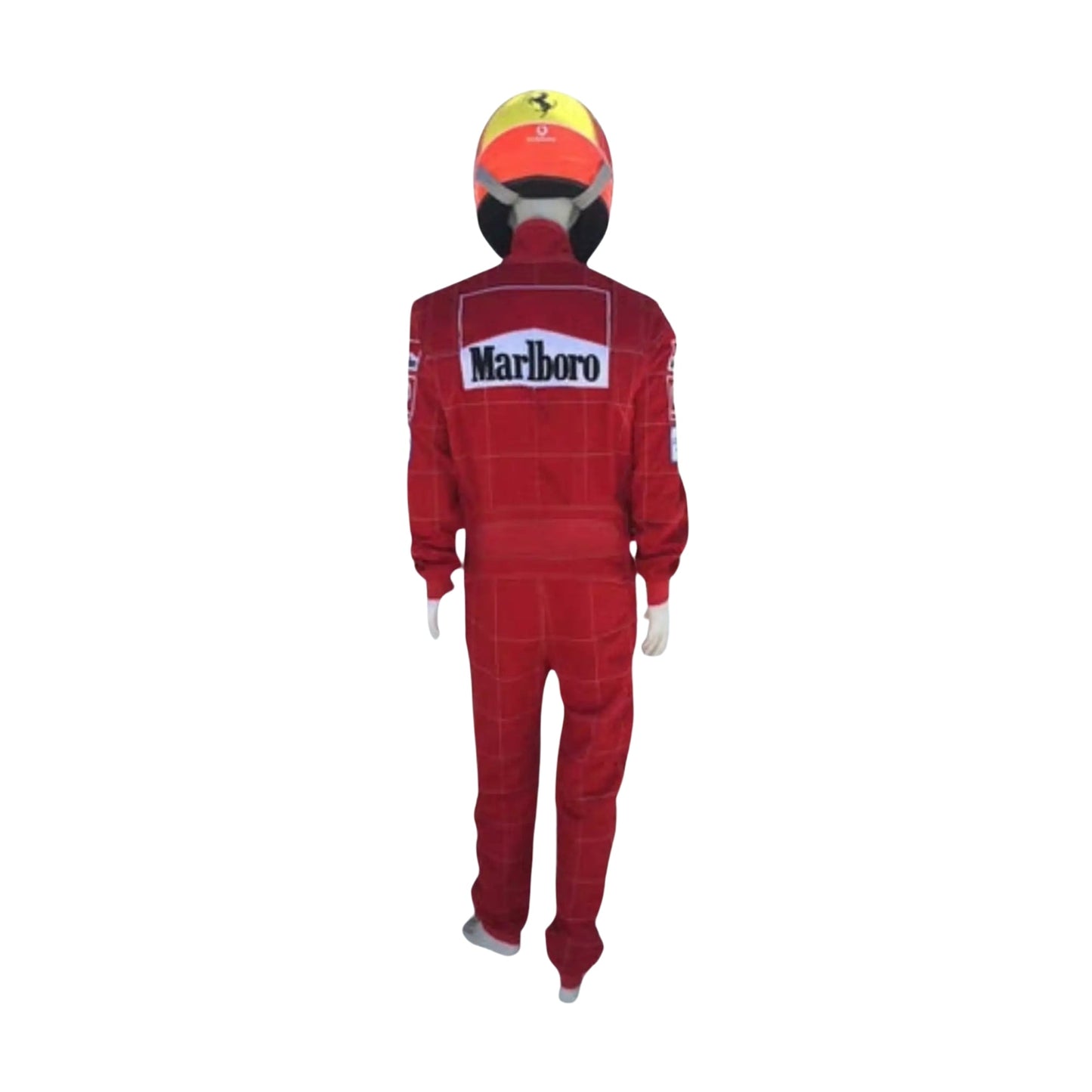 2004 Michael Schumacher Ferrari F1 Replica Race Suit Back View, Full Red Design, Embroidered Logos and Sponsor Patches