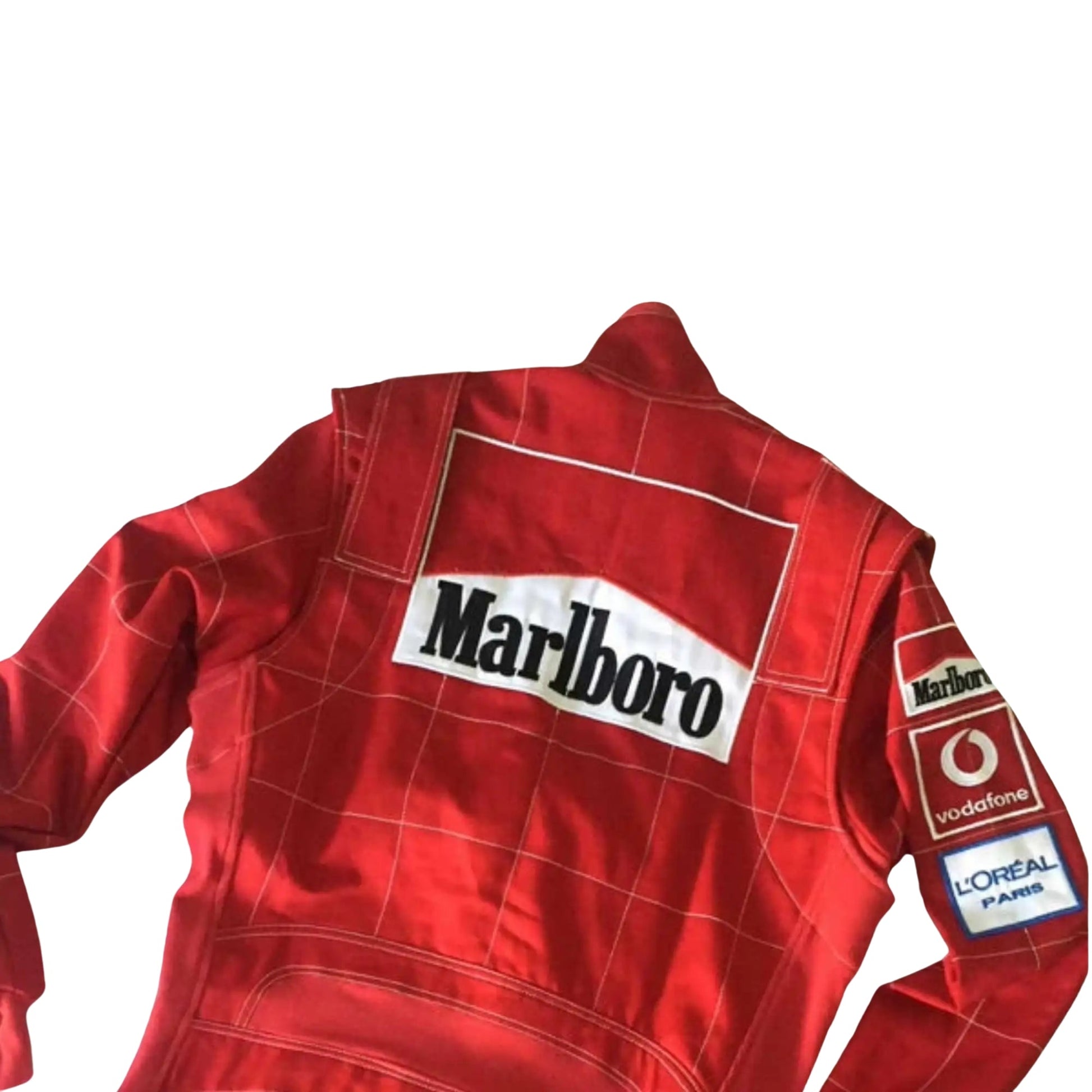 2004 Michael Schumacher Ferrari F1 Replica Race Suit Half Back View, Embroidered Logos, Classic Red Design with Sponsor Accents