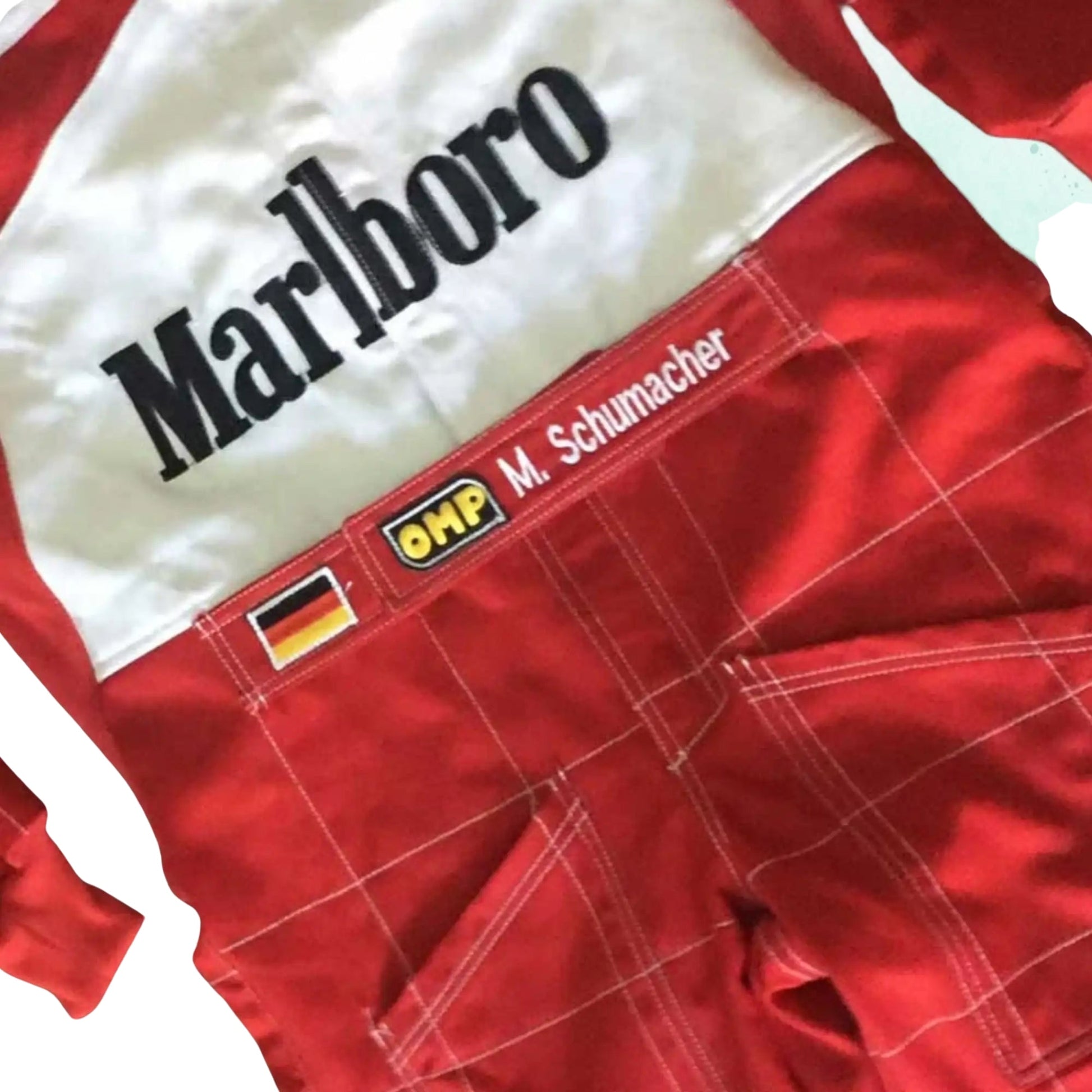 2004 Michael Schumacher Ferrari F1 Replica Race Suit Front View, Red Design with Embroidered Ferrari and Sponsor Logos, Visible Stitching Details