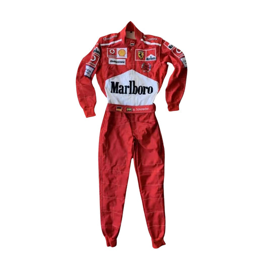 2005 Michael Schumacher World Champion Ferrari F1 Replica Race Suit Front View, Red Suit with Black and White Accents, Embroidered Ferrari and Champion Logos