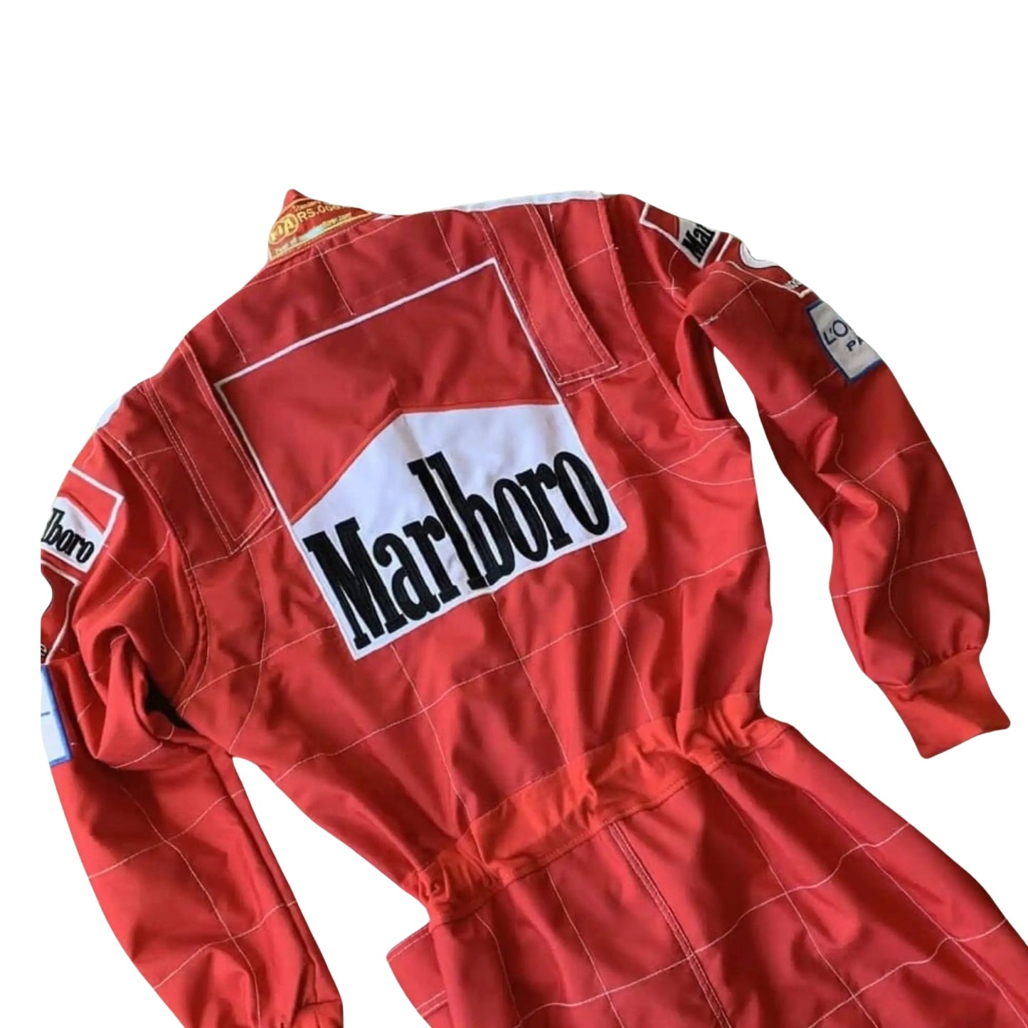 2005 Michael Schumacher World Champion Ferrari F1 Replica Race Suit Half Back View, Embroidered Logos, Classic Red Design with World Champion Details