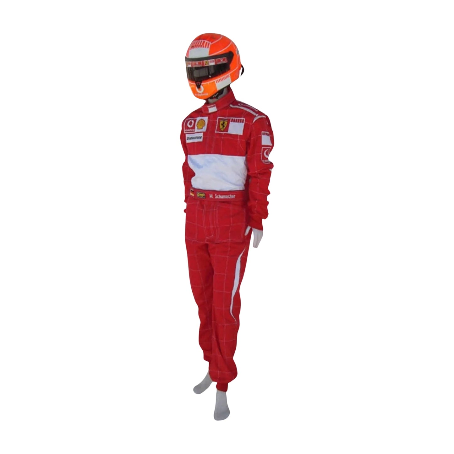 2006 Michael Schumacher Bar Code Ferrari F1 Replica Race Suit Front View, Red Suit with Black Bar Code Design, Embroidered Ferrari and Sponsor Logos