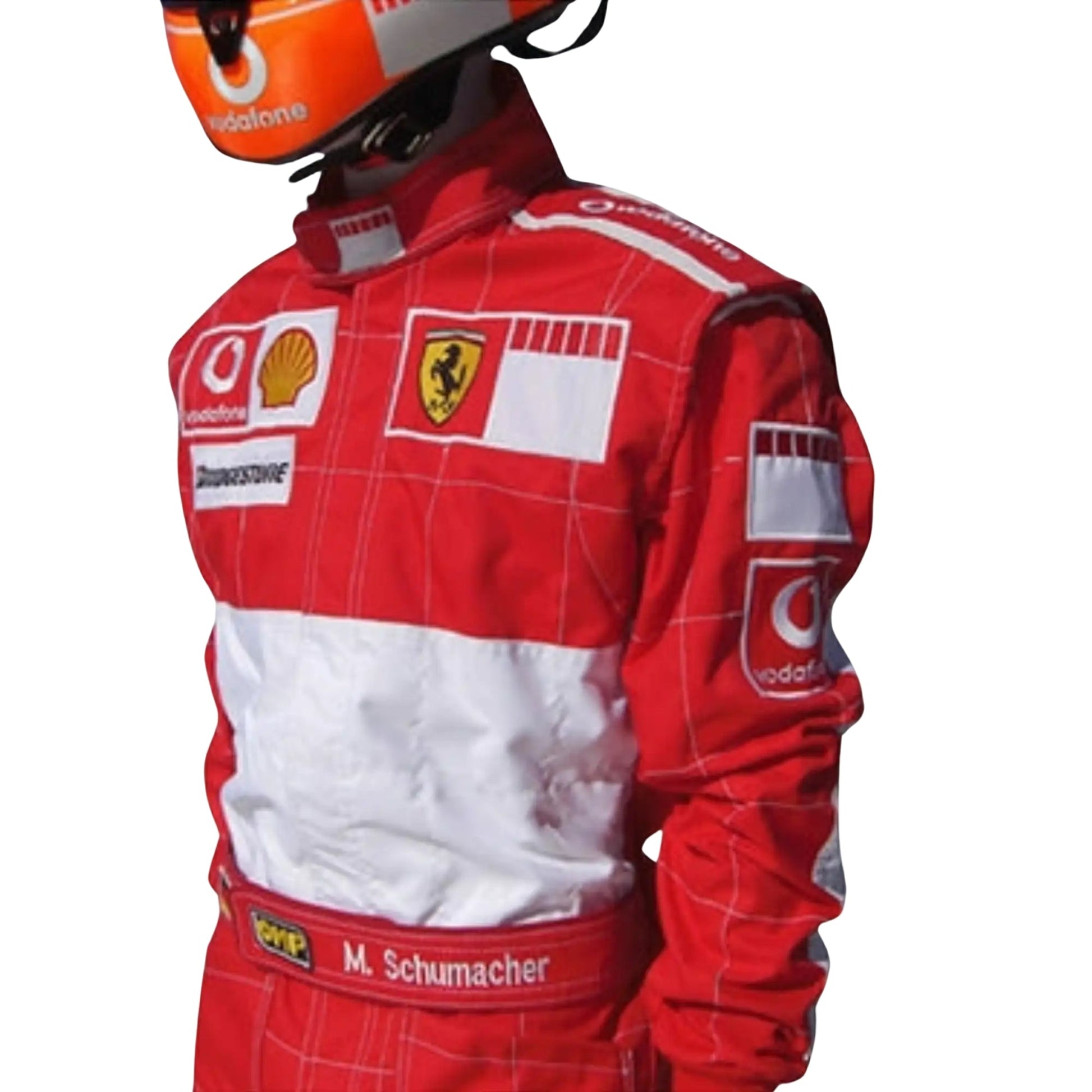 2006 Michael Schumacher Bar Code Ferrari F1 Replica Race Suit Half Front, Detailed Embroidery, Bar Code Pattern on the Chest