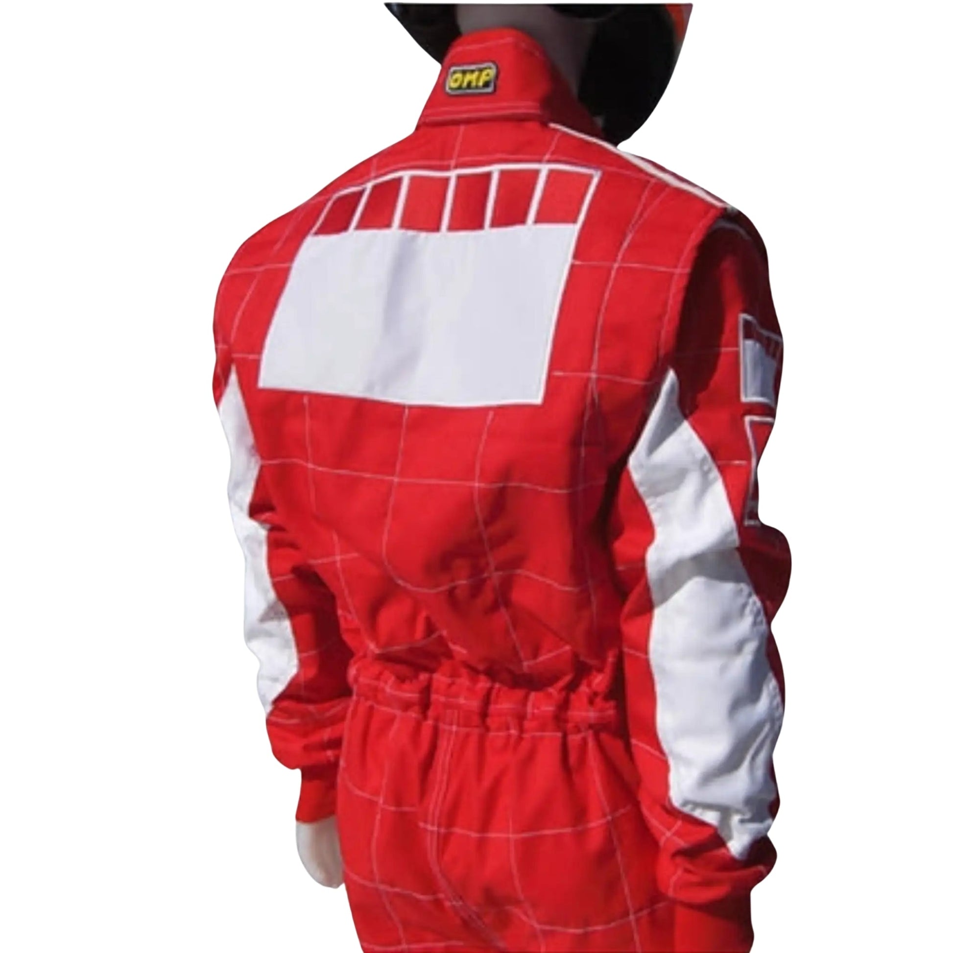 2006 Michael Schumacher Bar Code Ferrari F1 Replica Race Suit Half Back View, Classic Red Design with Bar Code Pattern and Embroidered Logos