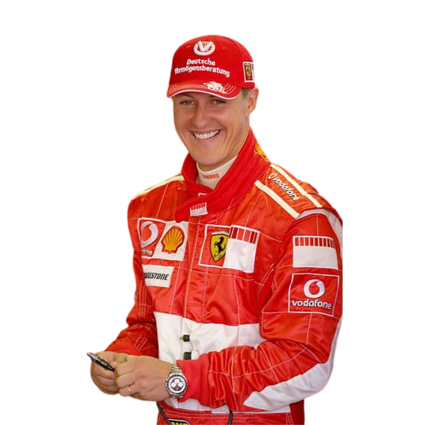 Side profile of the 2006 F1 suit worn by Michael Schumacher, featuring bright red fabric with sleek contouring and high-visibility white accents.