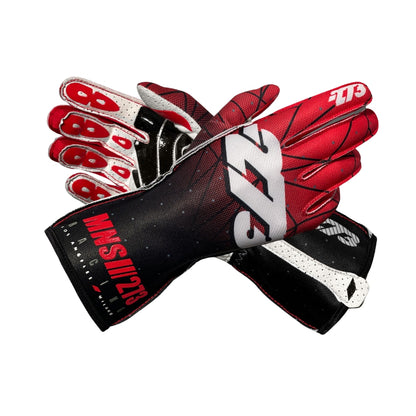 Pair of red and black Minus 273 POLY 3 gloves with brand logo on a white background