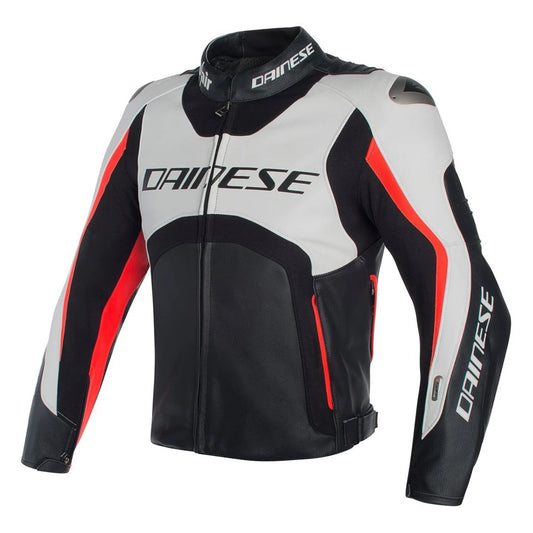 Misano Perforated Motorbike Leather Jacket Black _ White _ Red