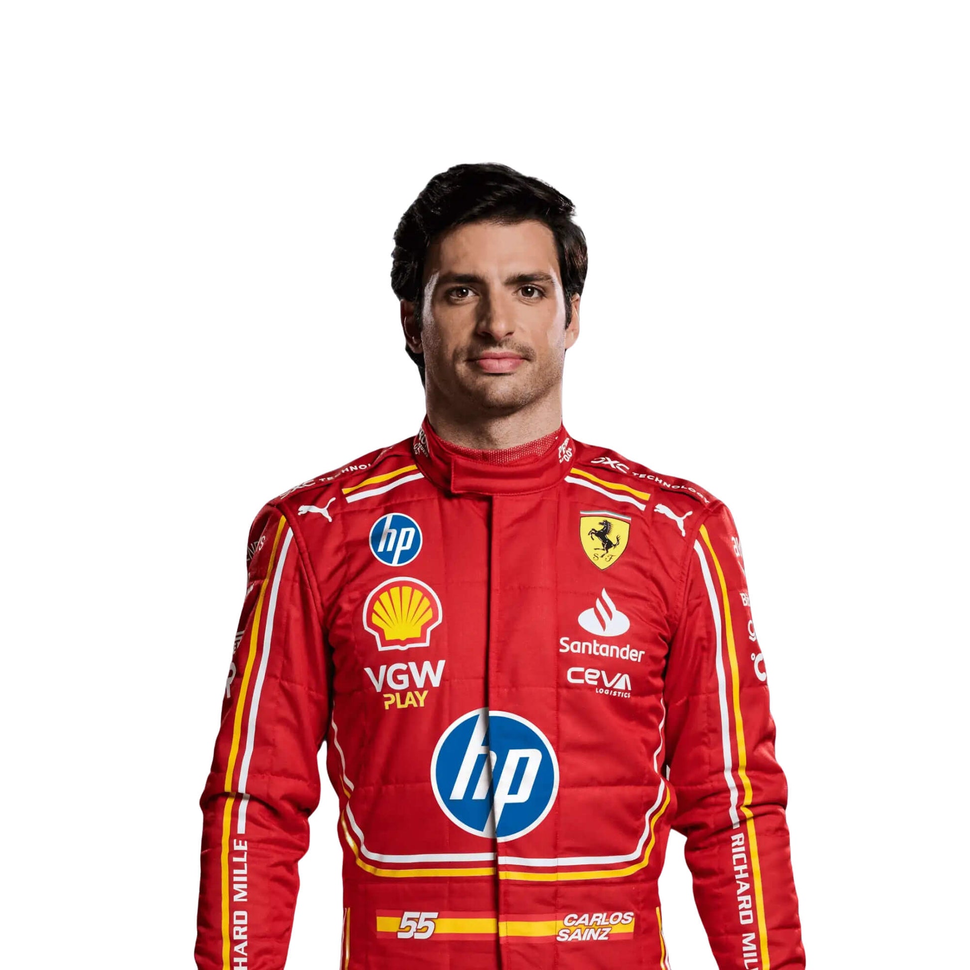 New 2024 Carlos Sainz Jr. Monaco GP Scuderia Ferrari F1 Team Racing Suit Half Front View, Ferrari and Sponsor Logos, Embroidered Details